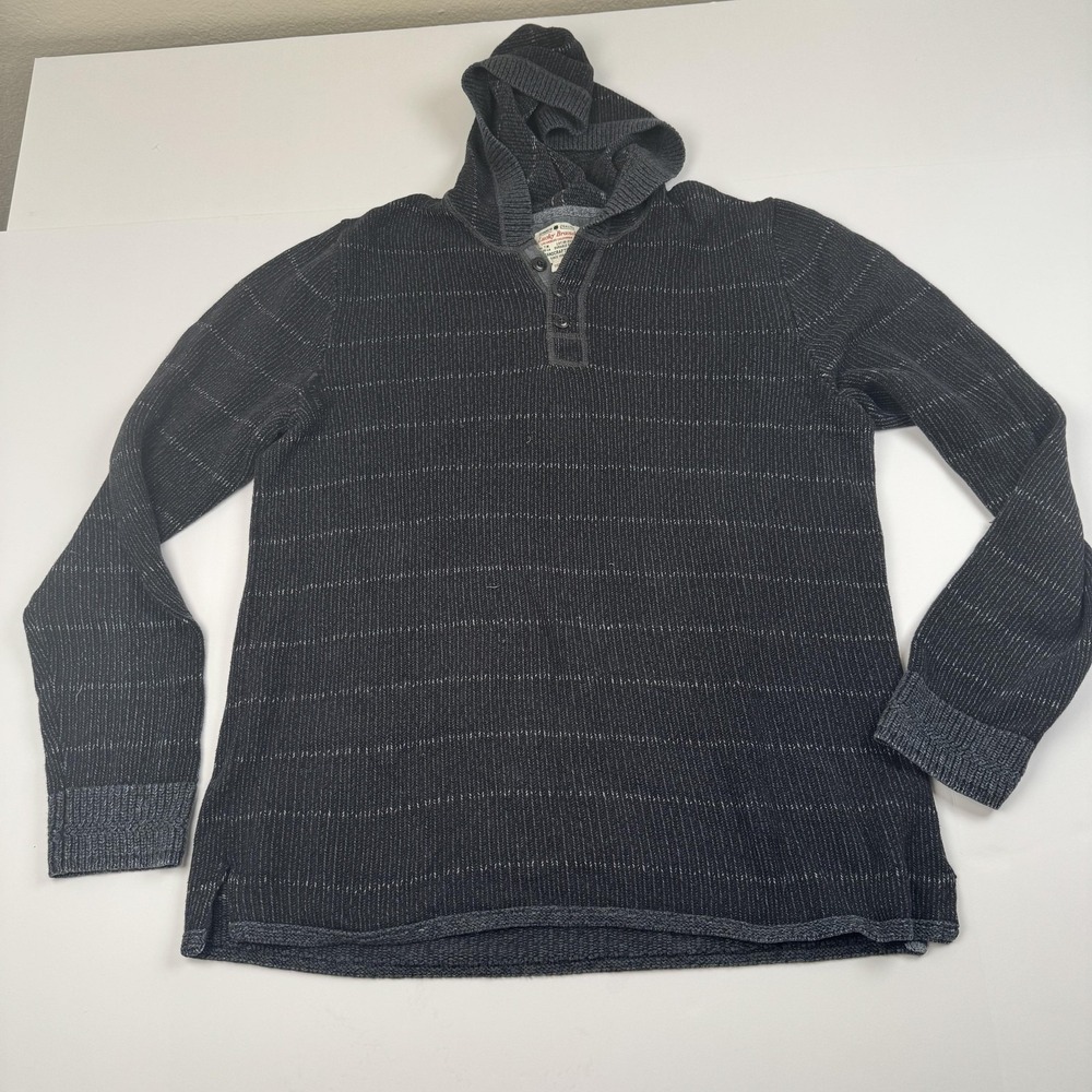 Lucky Brand Sweater Mens Medium Gray Hooded Henley Pullover Knit Stripe Casual